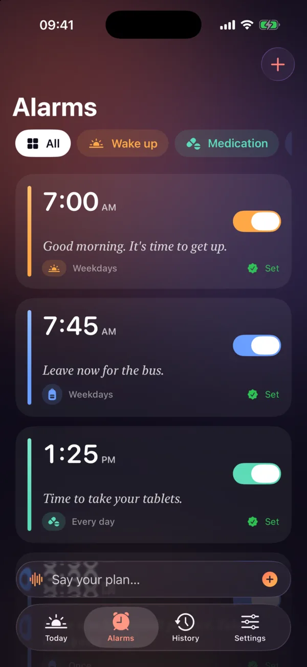 SayAlarm alarms list with color-coded categories, spoken messages and “Set” status on each alarm.