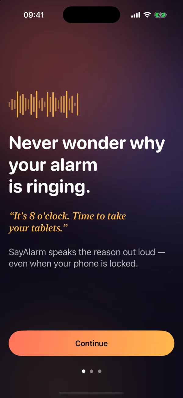SayAlarm welcome screen: Never wonder why your alarm is ringing.