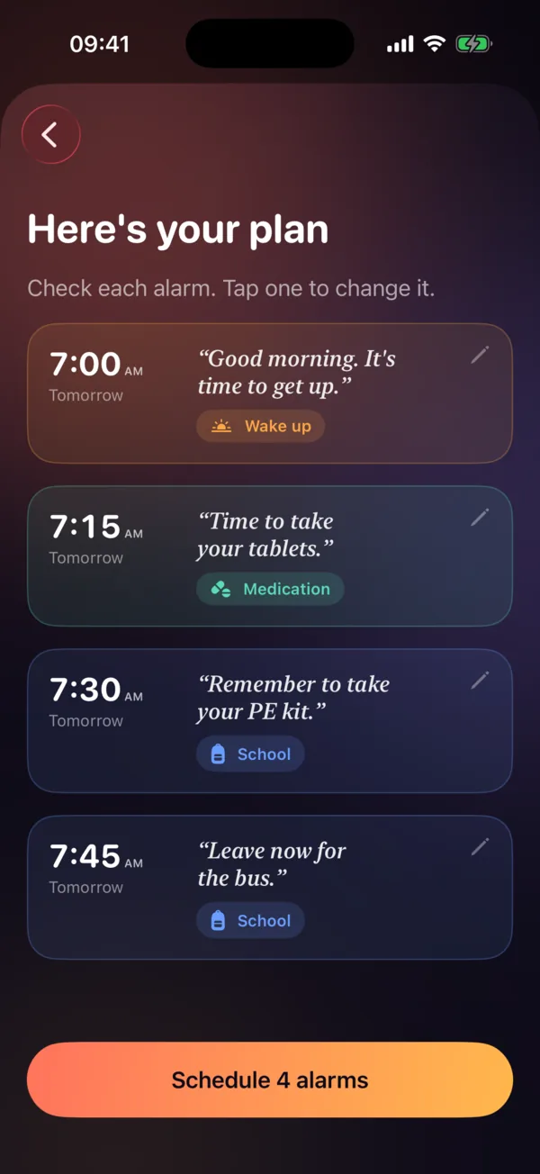 SayAlarm plan review screen listing four alarms for tomorrow at 7:00, 7:15, 7:30 and 7:45 AM with a Schedule 4 alarms button.